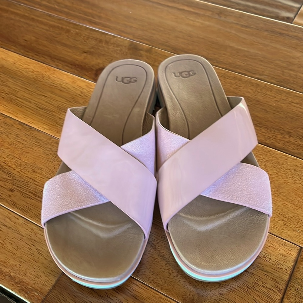 UGG sandals, Pink,size 8. Crisscross straps patent & suede.  Never worn outside